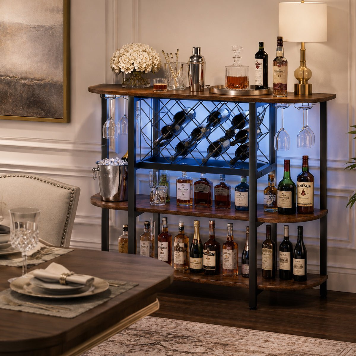 Multi-Tier Home Bar Cabinet Wine Storage with LED Lights