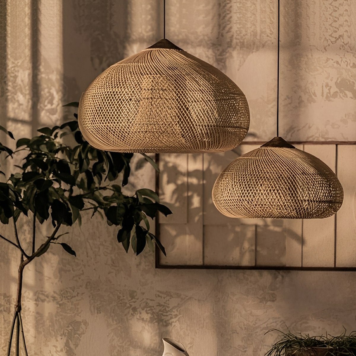Oval-shaped Handmade Rattan Pendant Light – Boho Woven Hanging Lamp