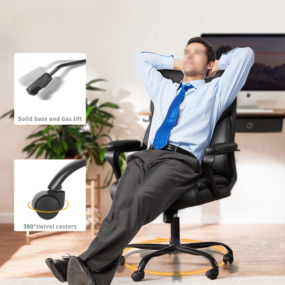 PU Leather Office Chair with Armrest,Lumbar Support, Strong Metal Base