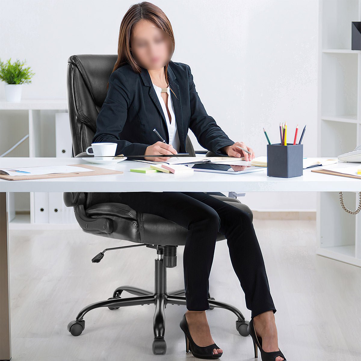 PU Leather Office Chair with Armrest,Lumbar Support, Strong Metal Base
