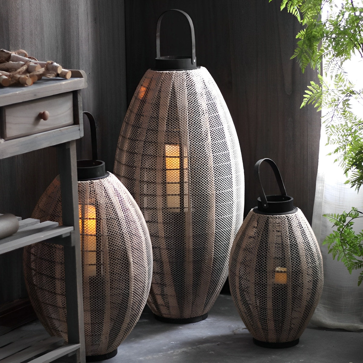 Retro Handmade Oval Cage LED Candle Floor Lamp Lantern