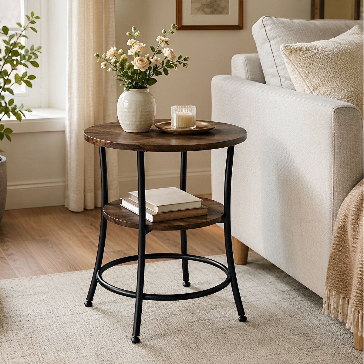 Round Side Table with Storage Shelf 2-Tier Nightstand