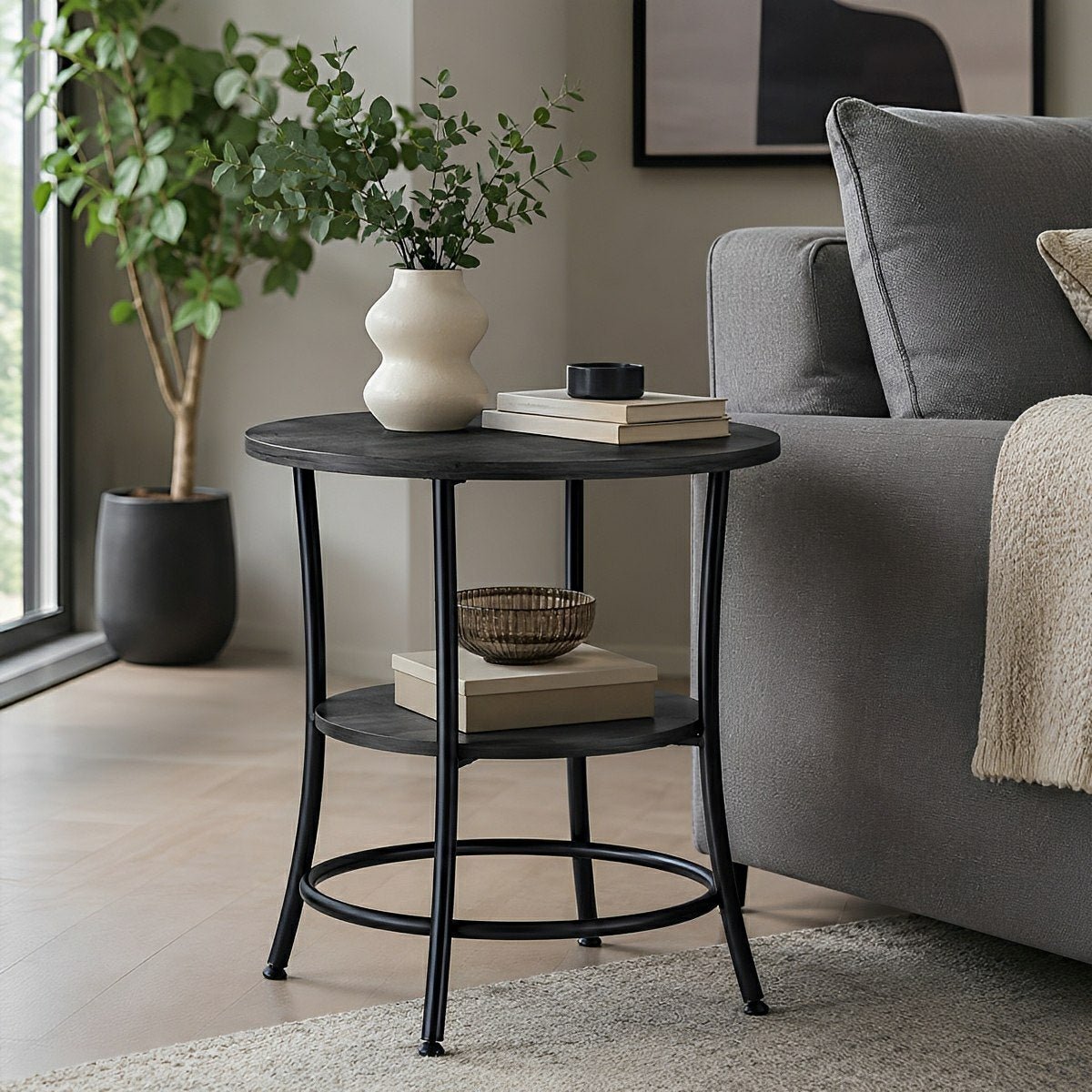 Round Side Table with Storage Shelf 2-Tier Nightstand