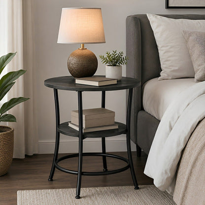 Round Side Table with Storage Shelf 2-Tier Nightstand