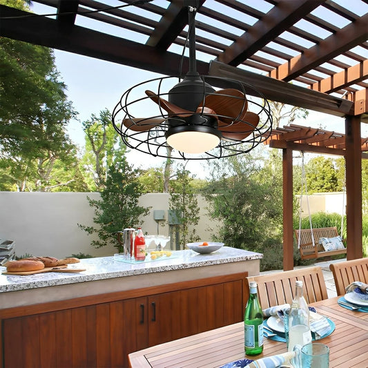 Rustic Round Outdoor DC Motor Reverse Ceiling Fan Light 19.69"