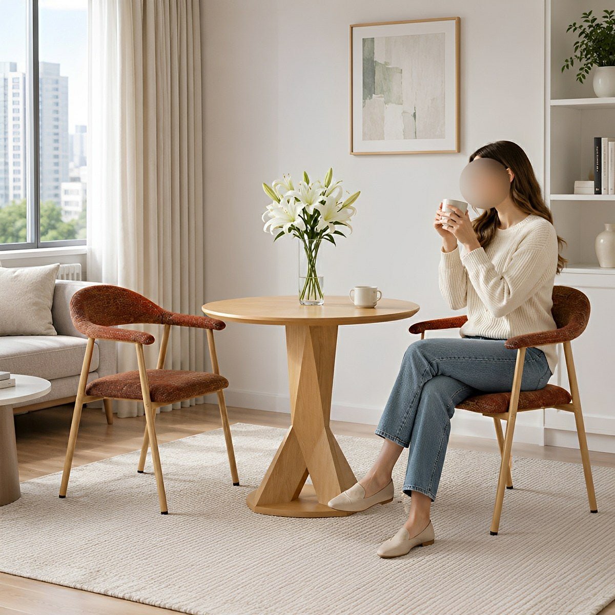 Set of 2 Modern Linen Dining Chairs with Curved Backrest