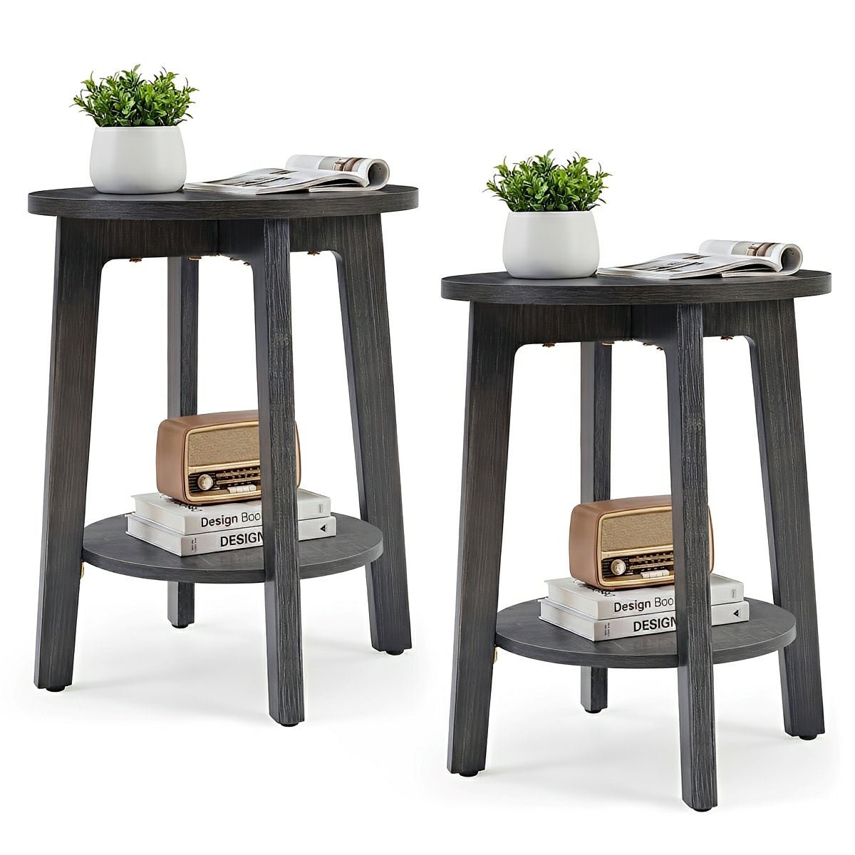 Small Round Wooden Side Table – Double Layer Shelves