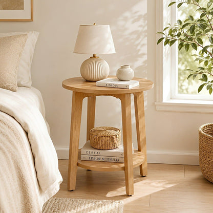 Small Round Wooden Side Table – Double Layer Shelves