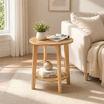 Small Round Wooden Side Table – Double Layer Shelves