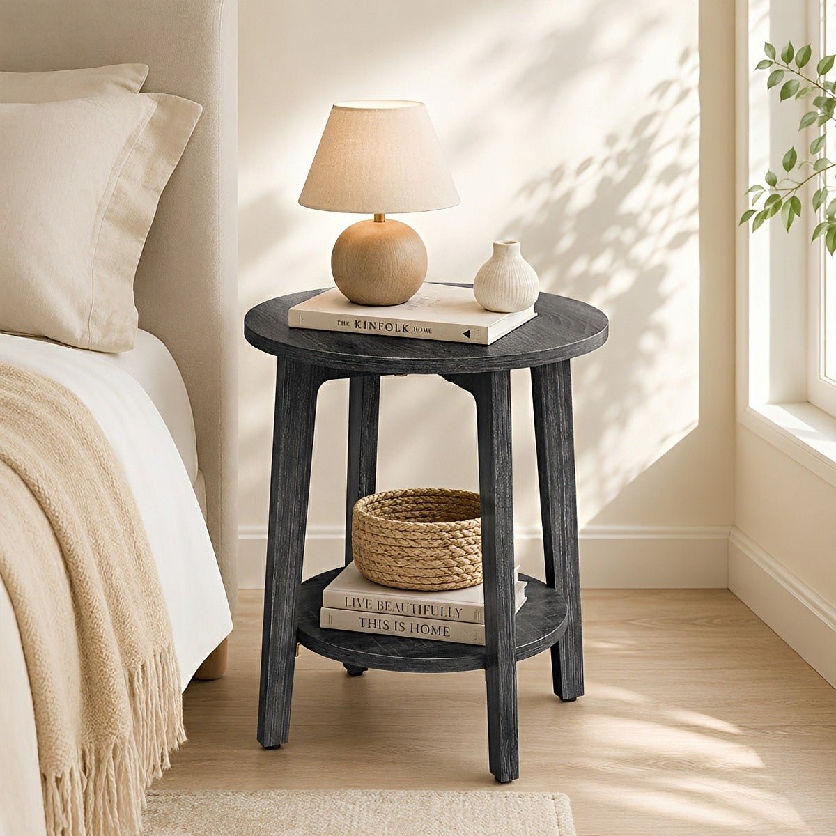 Small Round Wooden Side Table – Double Layer Shelves
