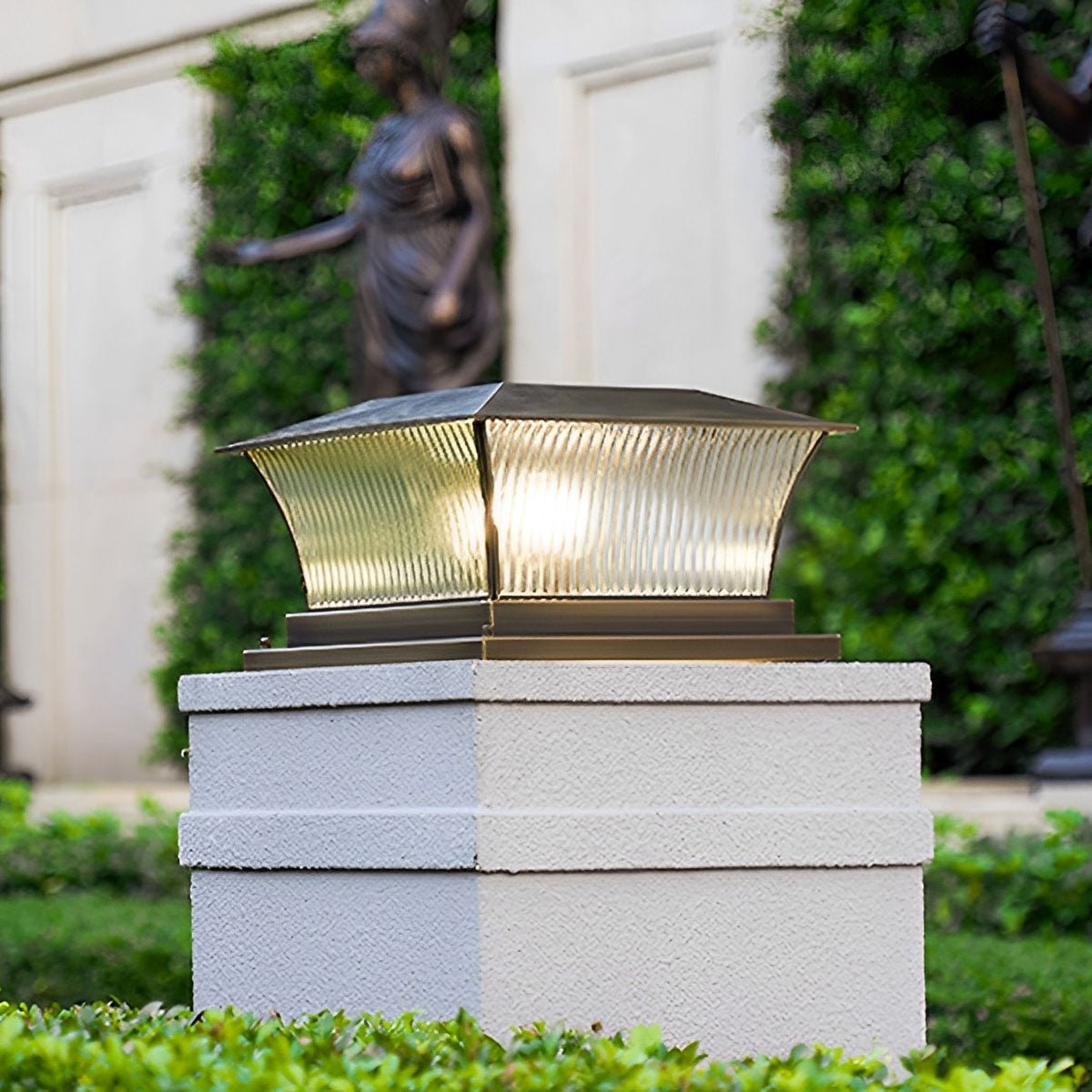 Waterproof Copper Square Tower Striped Glass LED Outdoor Post Lights