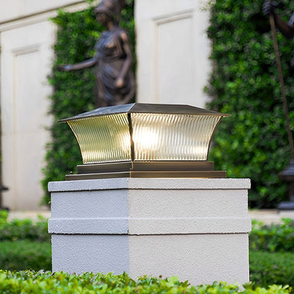 Waterproof Copper Square Tower Striped Glass LED Outdoor Post Lights