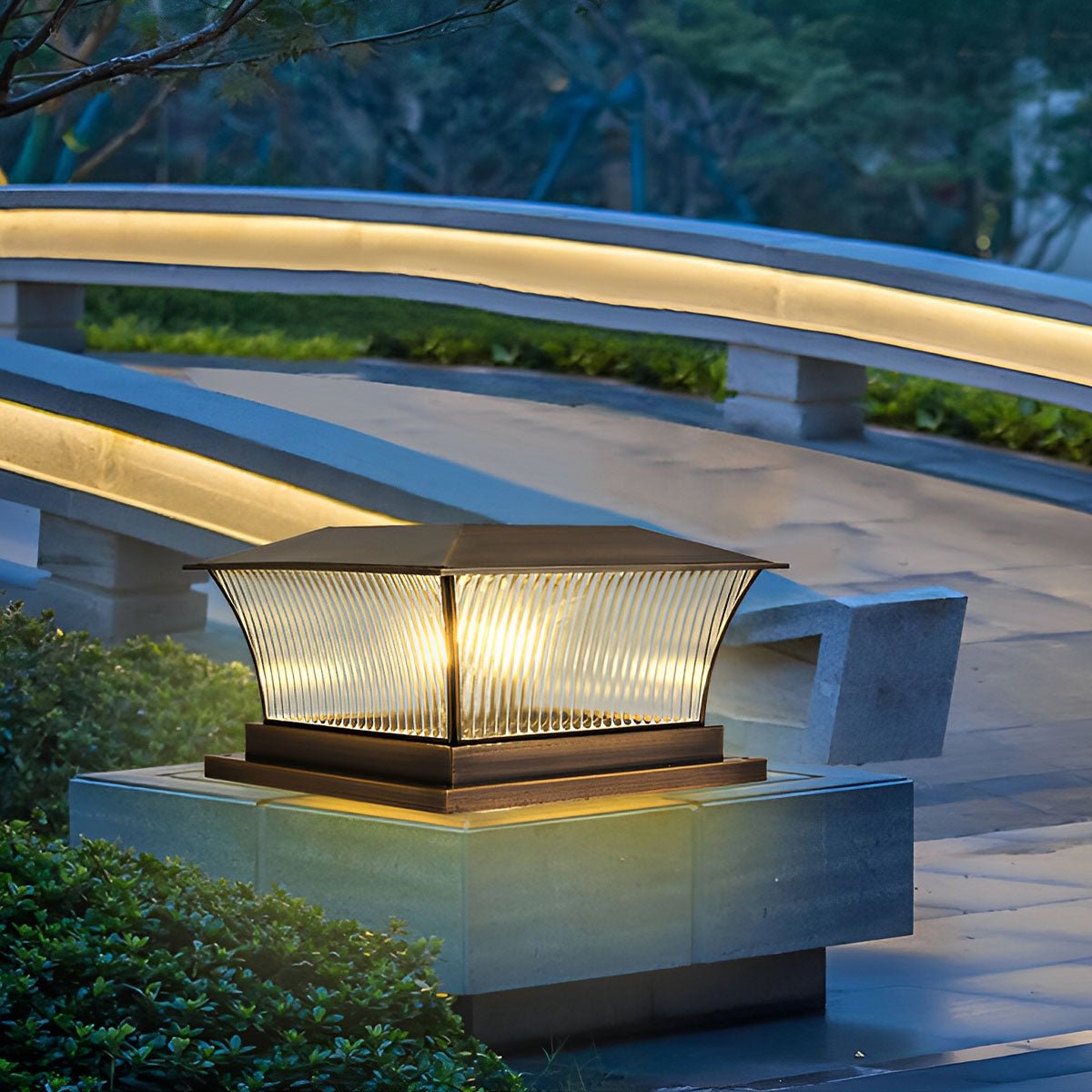 Waterproof Copper Square Tower Striped Glass LED Outdoor Post Lights