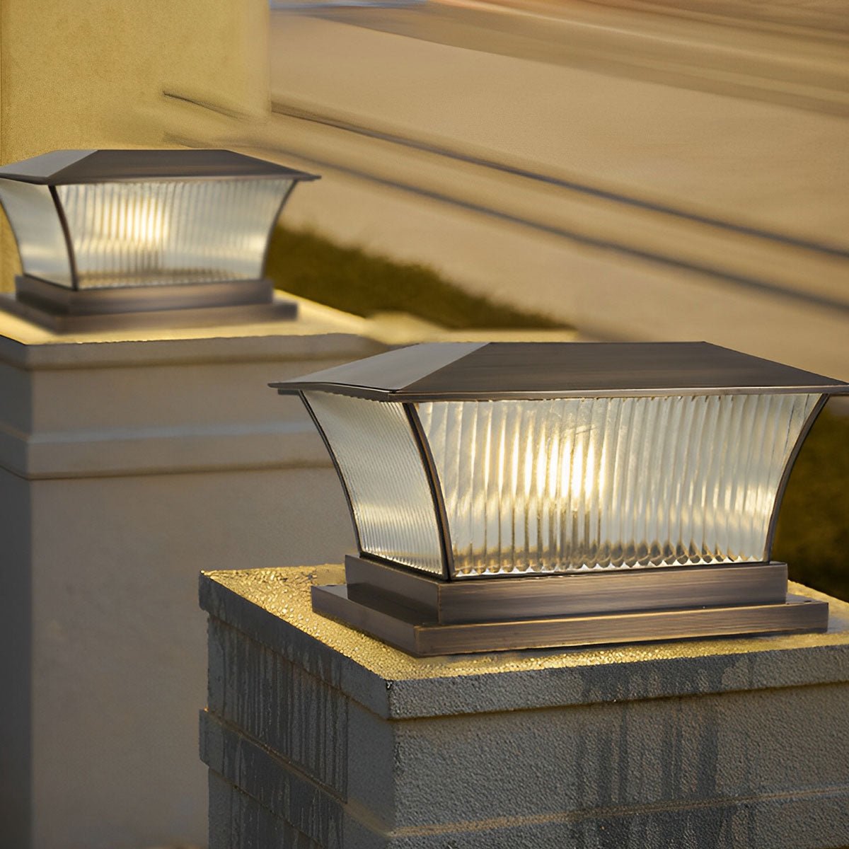 Waterproof Copper Square Tower Striped Glass LED Outdoor Post Lights