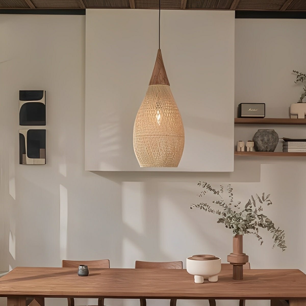 Teardrop-shaped Handmade Rattan Pendant Light – Boho Woven Hanging Lamp
