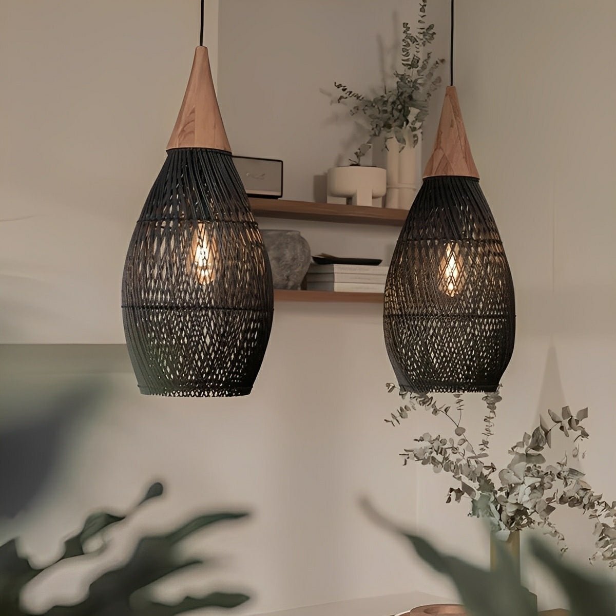 Teardrop-shaped Handmade Rattan Pendant Light – Boho Woven Hanging Lamp