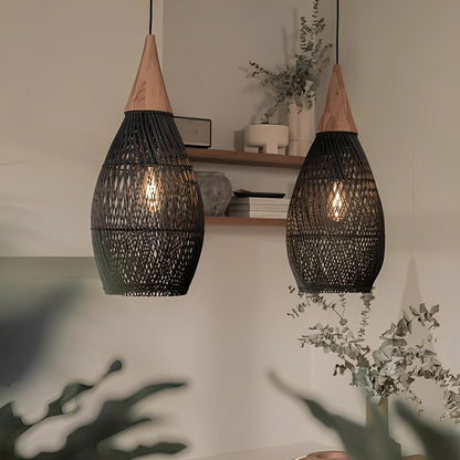Teardrop-shaped Handmade Rattan Pendant Light – Boho Woven Hanging Lamp