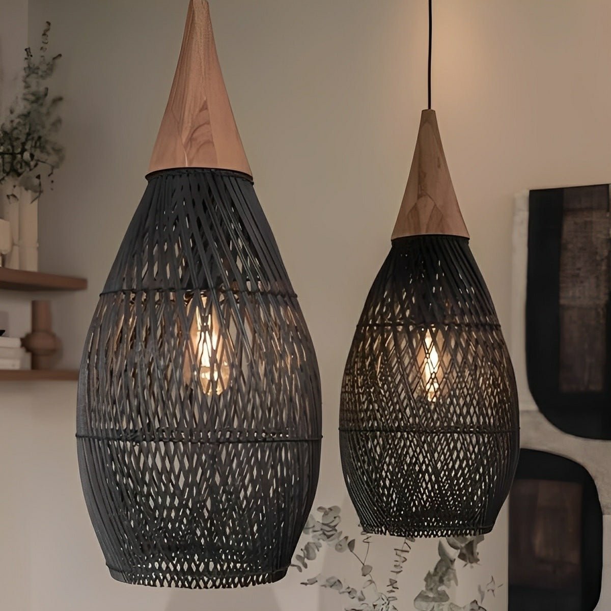 Teardrop-shaped Handmade Rattan Pendant Light – Boho Woven Hanging Lamp