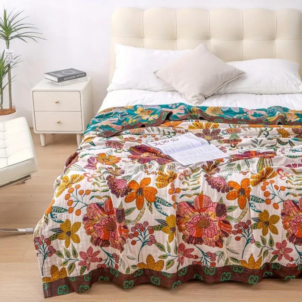 Reversible Floral Cotton Throw Blanket