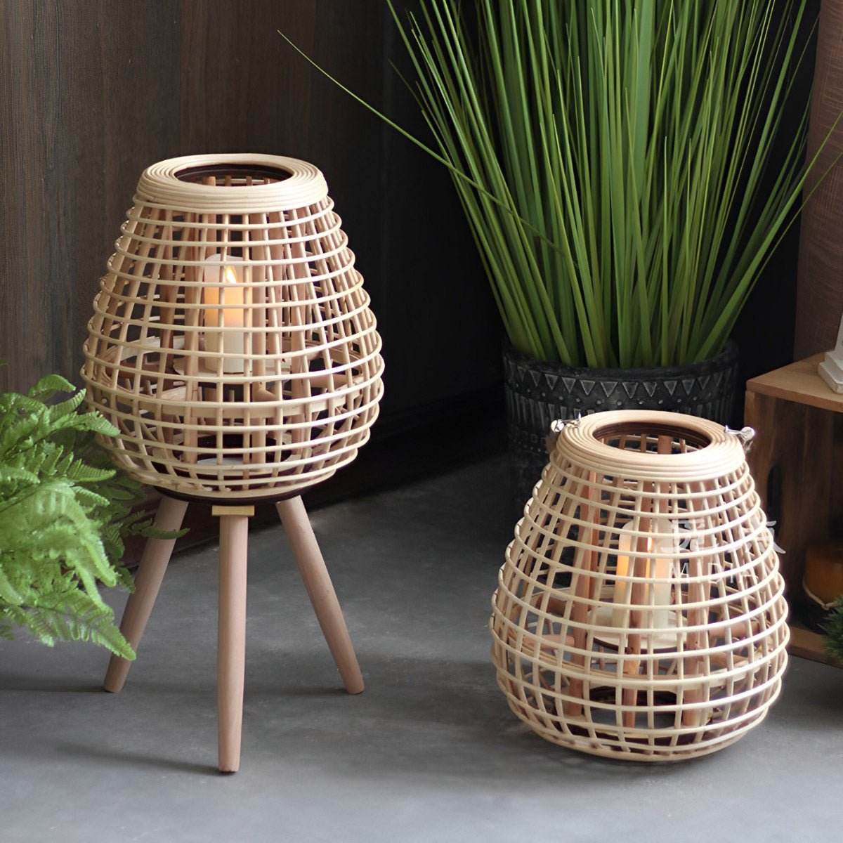 Vintage Handmade Rattan LED Candle Lantern Floor Lamp