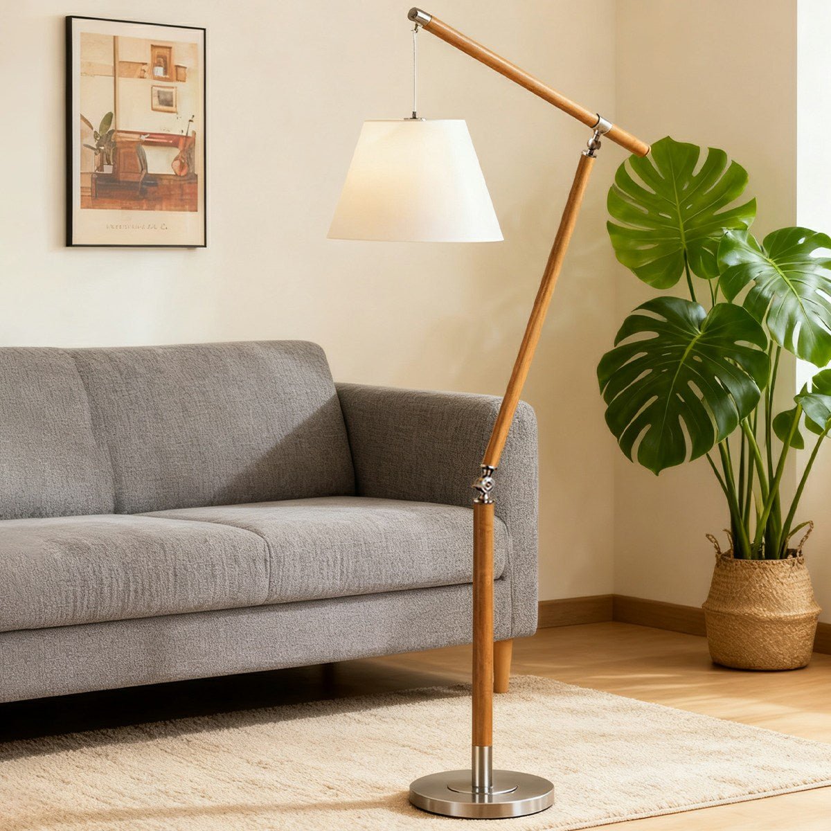 Vintage Wood Adjustable Swing Arm Floor Lamp