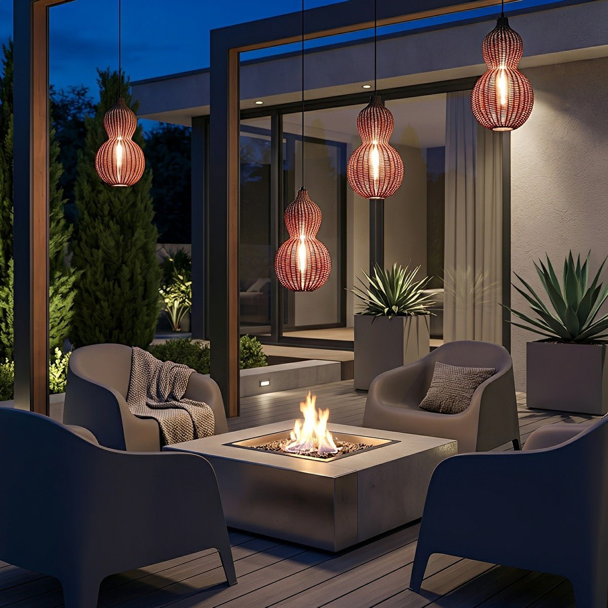 Waterproof Coastal Gourd Handwoven Rattan Outdoor Pendant Lights