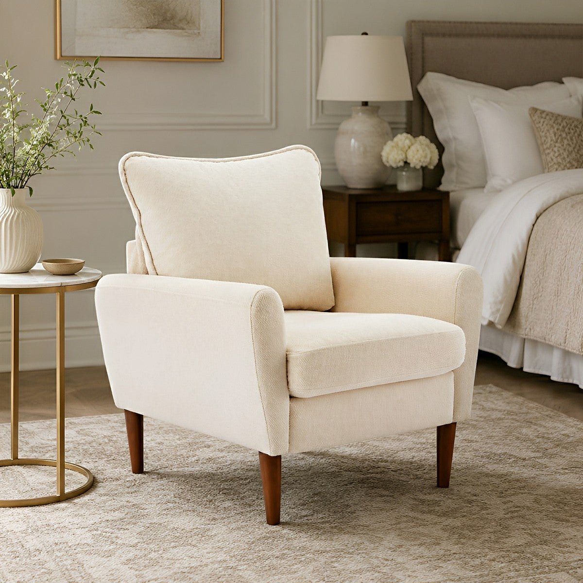 Wide Reading Chair – Cushioned Seat, Wood Legs, Modern