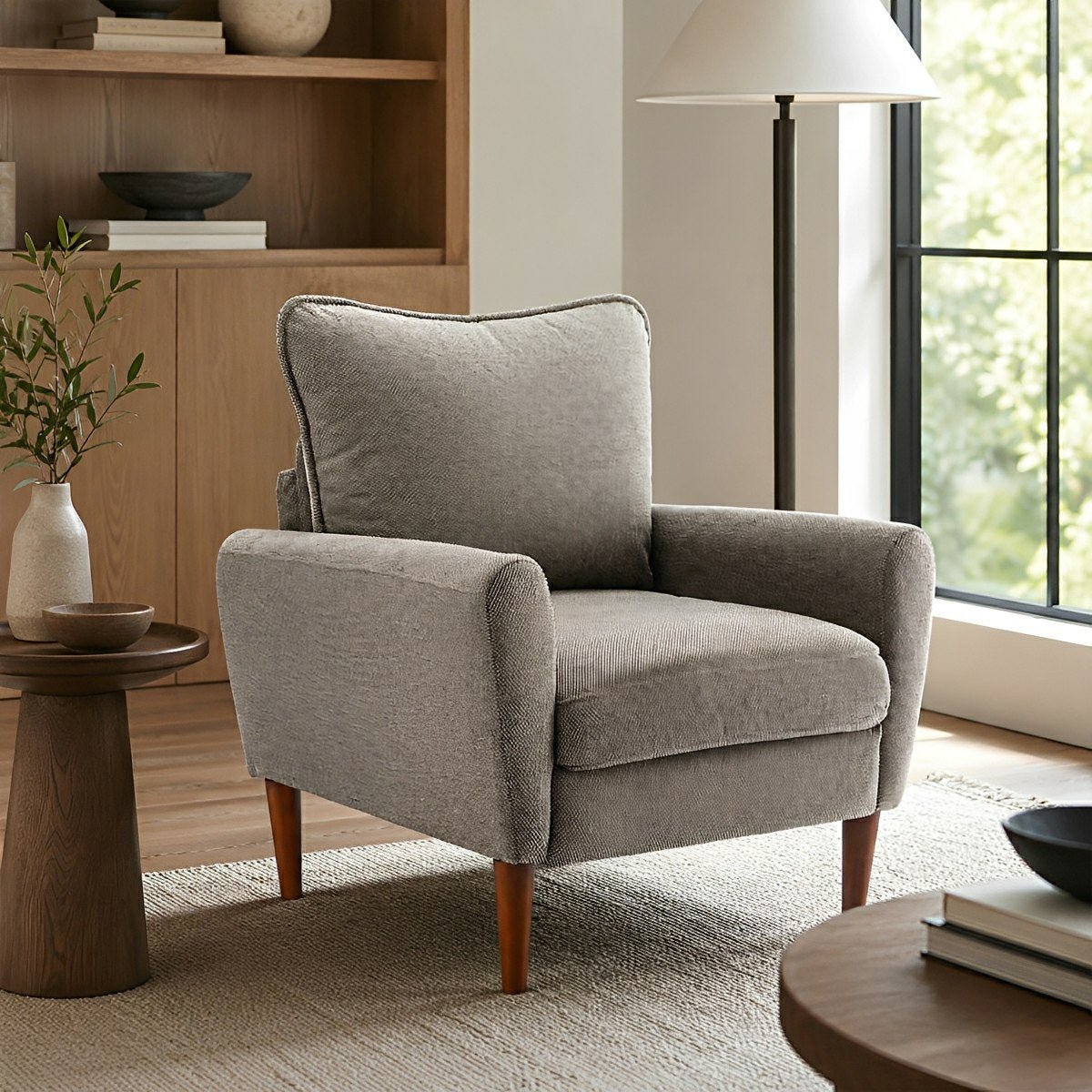 Wide Reading Chair – Cushioned Seat, Wood Legs, Modern
