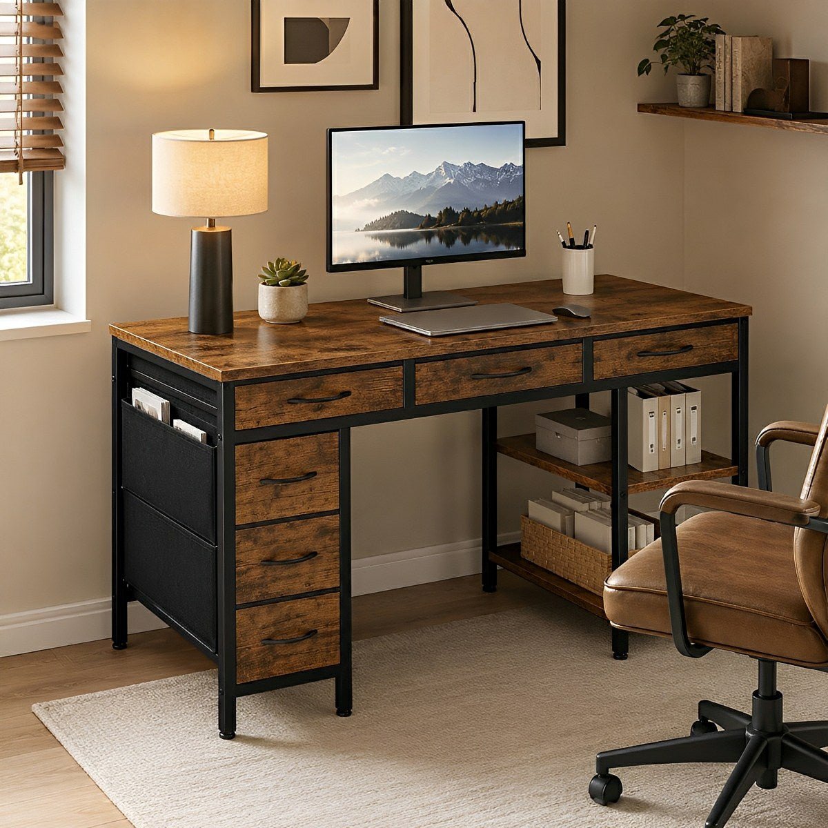Wood Desk Office With Drawers