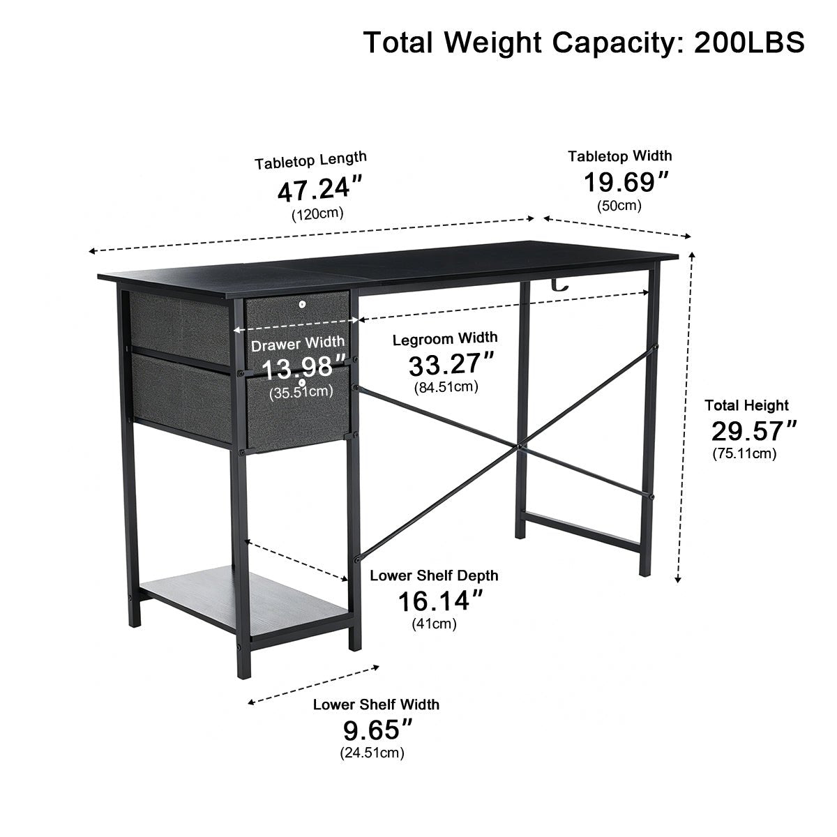 Wooden Writing Desk with Drawer & Hook for Home Office
