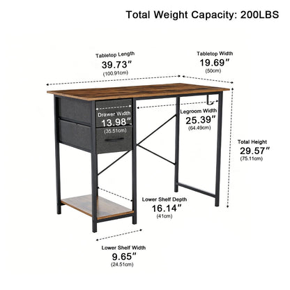 Wooden Writing Desk with Drawer & Hook for Home Office