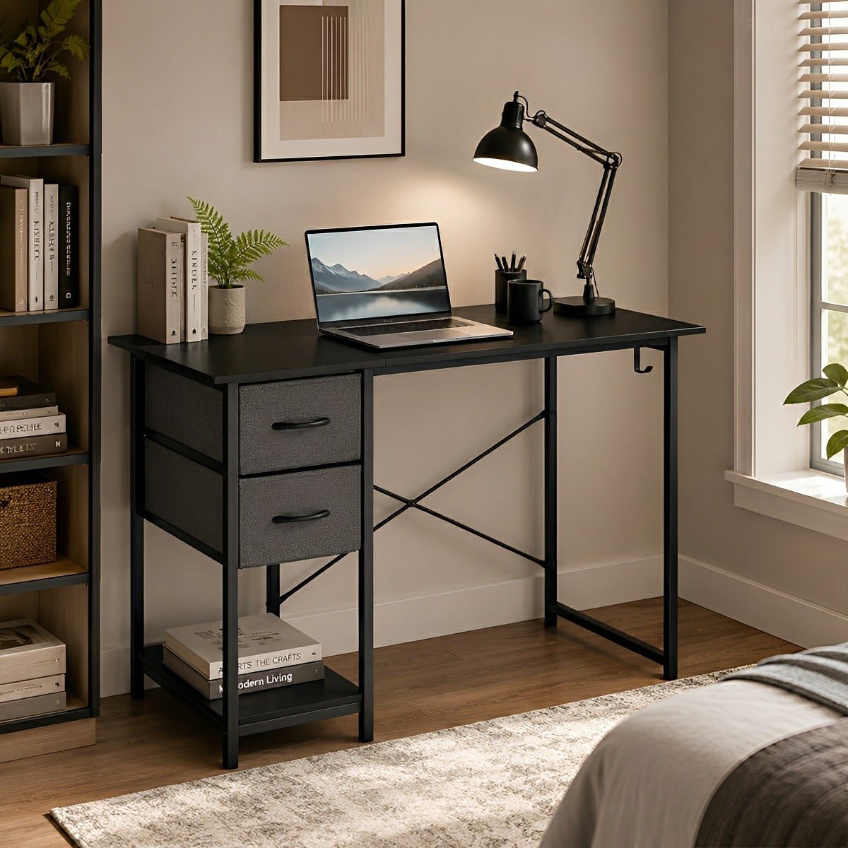 Wooden Writing Desk with Drawer & Hook for Home Office